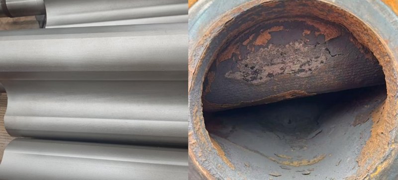 a pristine cast iron rotor next to a heavily corroded and pitted one