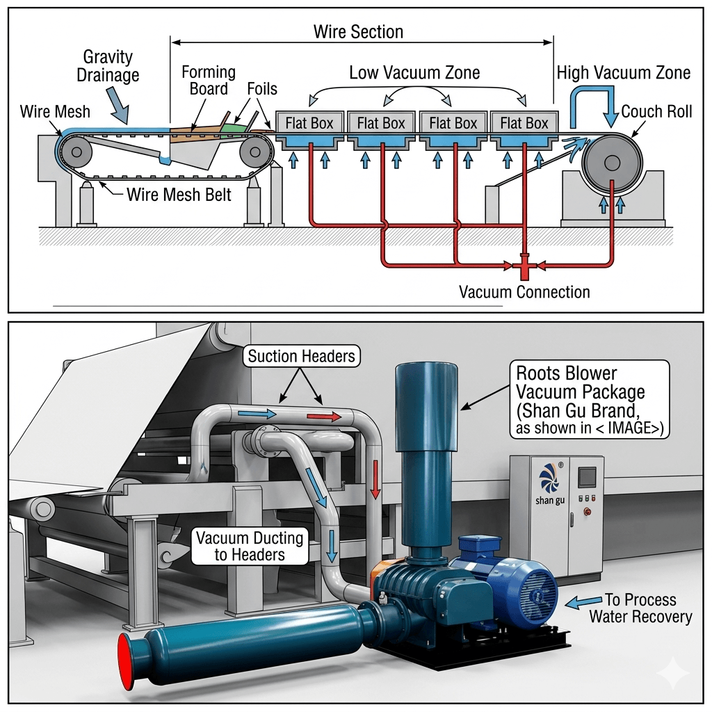 Roots blower vacuum system for paper machine wire section dewatering